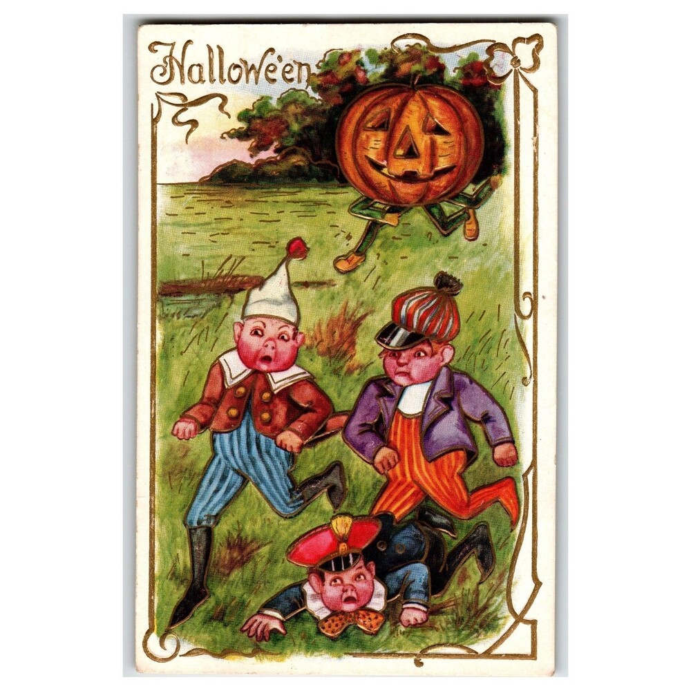 Vintage 1910s Halloween Fantasy Postcard Pumpkin Head Boys Running Divided Back